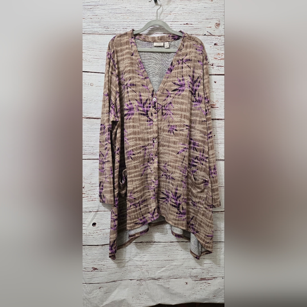 LOGO by Lori Goldstein Brown Cream and Purple Button Down Sharkbite Cardigan